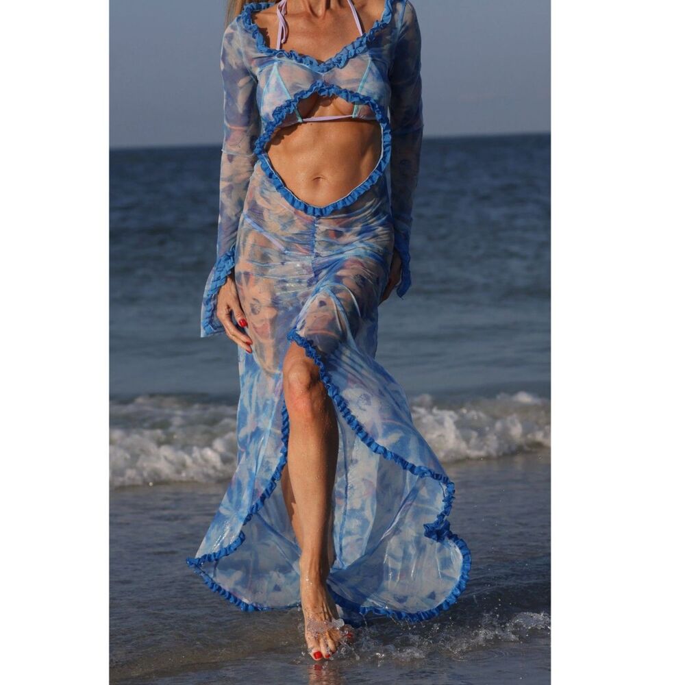 Blue Sheer Mesh Cutout Beach Cover-Up | Resort Swim Cover-Up | S/M